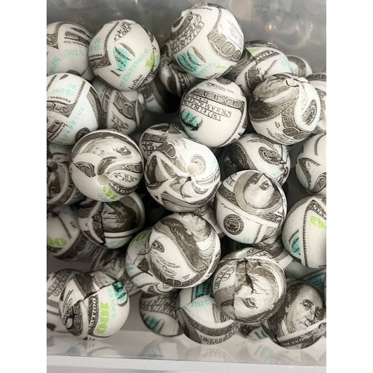 Round Dollar Dolar Printed Silicone Beads