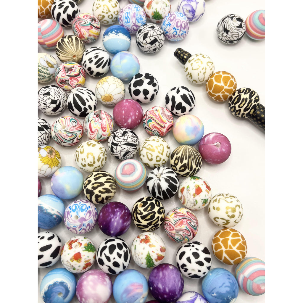 Round Large Printed Silicone Beads, 19mm Large Size, Random Mix