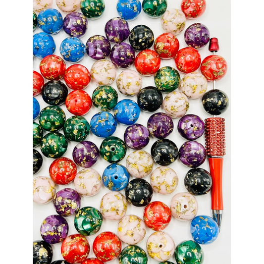 Round Marble Pattern Luxurious Gold Leaf Acrylic Beads, 20mm, Random Mix, WM
