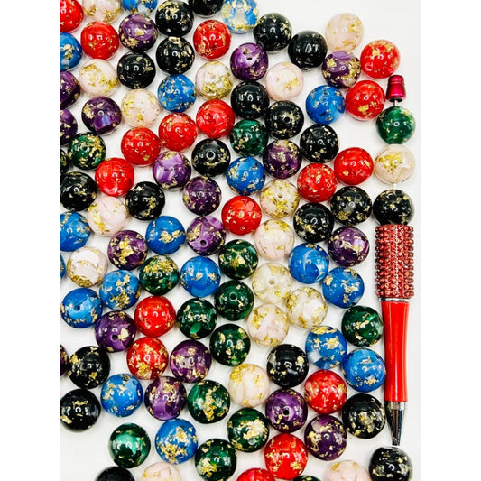 Luxurious Gold Leaf Round Marble Pattern Acrylic Beads, 16mm, Random Mix, WM