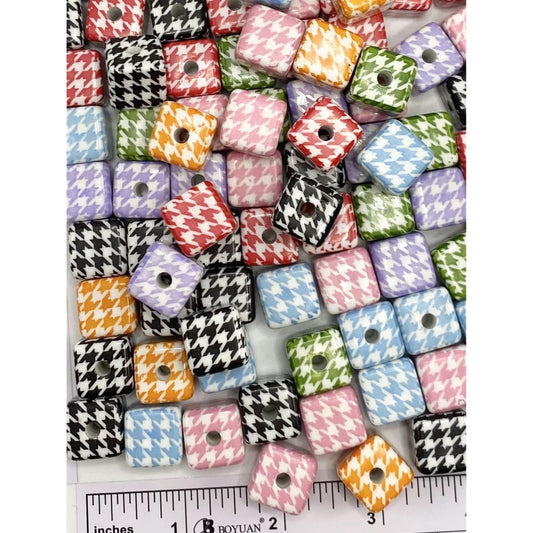Printed Houndstooth Patterned Acrylic Cube Beads 16mm，Random Mix