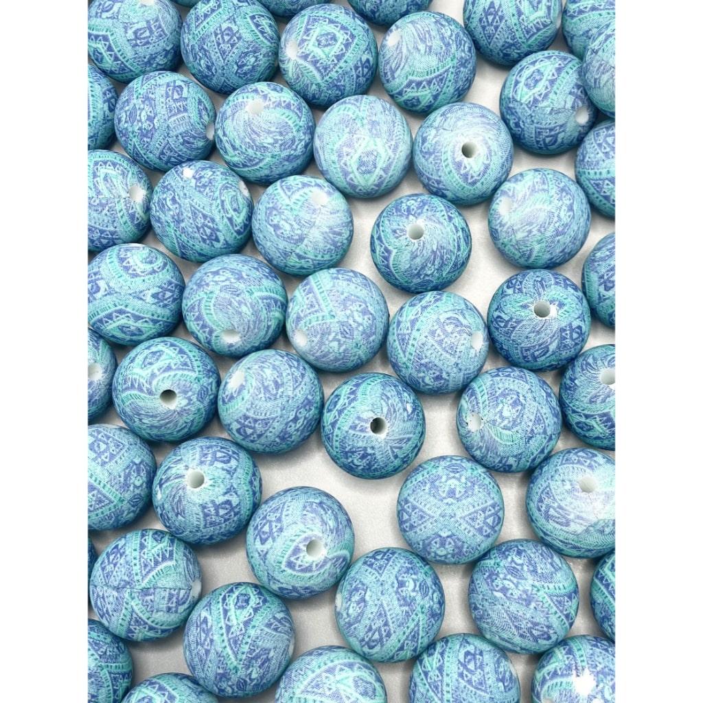 Teal & Turquoise Carpet Pattern Printed Silicone Beads Number 433