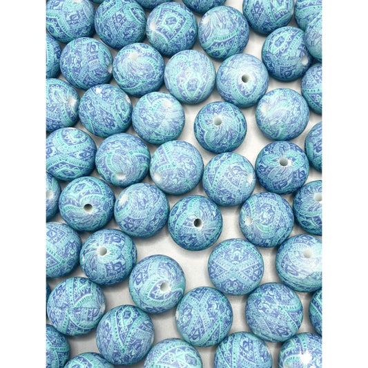 Printed Teal & Turquoise Carpet Pattern Silicone Beads Number 433