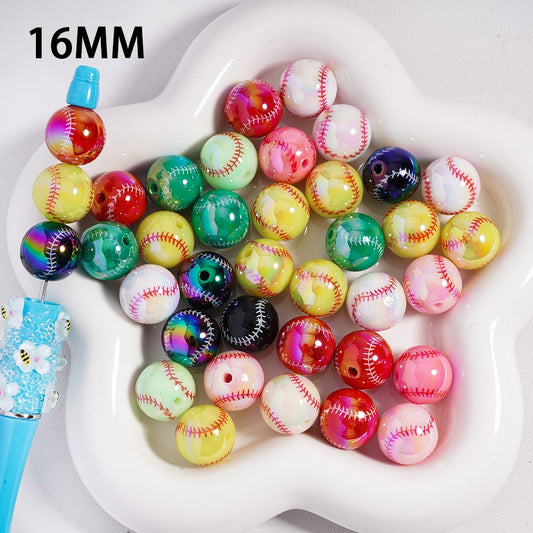 UV Coating Round Sports Baseball Acrylic Beads in Solid Colors, Random Mix, 16MM