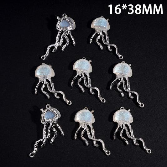 Silver Jellyfish Charm Pendant with Shiny Ocean Style Glitter Head 16*38mm