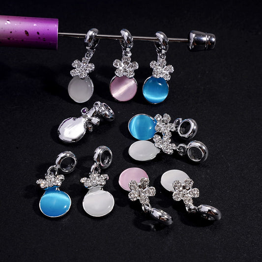Elegant Flower Charms with Flat Round Cat Eye Design & Rhinestone Silver Metal Bail Loop Beads Large Hole, Jewelry Accessories, Random Mix