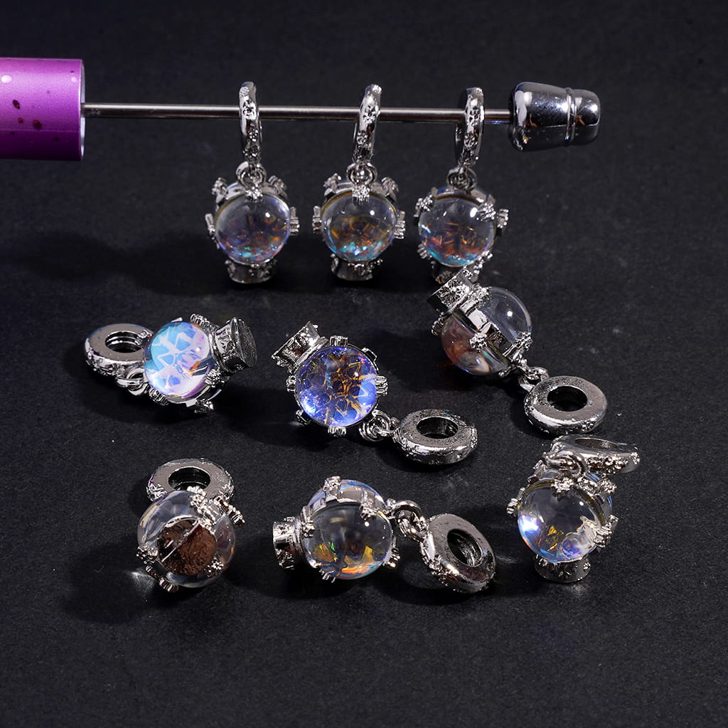 Crystal Ball & Snowflake Charm Pendants, Round Ring Design Alloy Bail Beads Jewelry Accessories, Random Mix Big Hole Beads