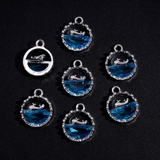 Sparkling Blue Ocean Whale Design Sea Inspired Flat Back Round DIY Alloy Charm Pendants Accessories Random Mix
