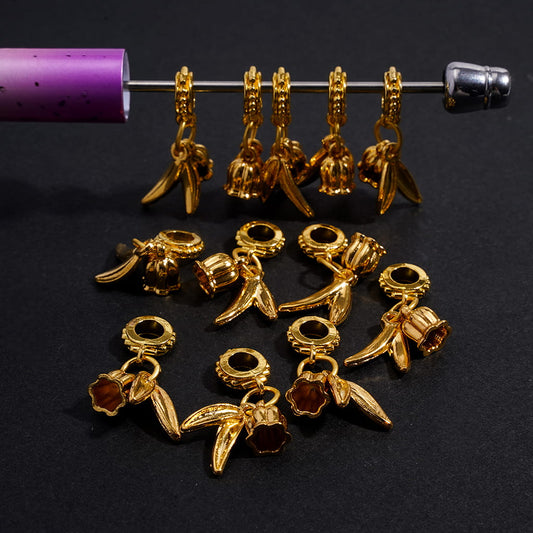Gold Metal Bail Loop Beads with Chinese Bellflower & Leaf Charm Pendants