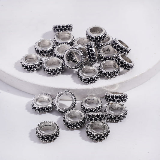 Filigree Design, Metal Spacer Beads w Round Large Hole Design, 11MM, Antique Silver & Black (The Hole Diameter is Around 6.5MM)