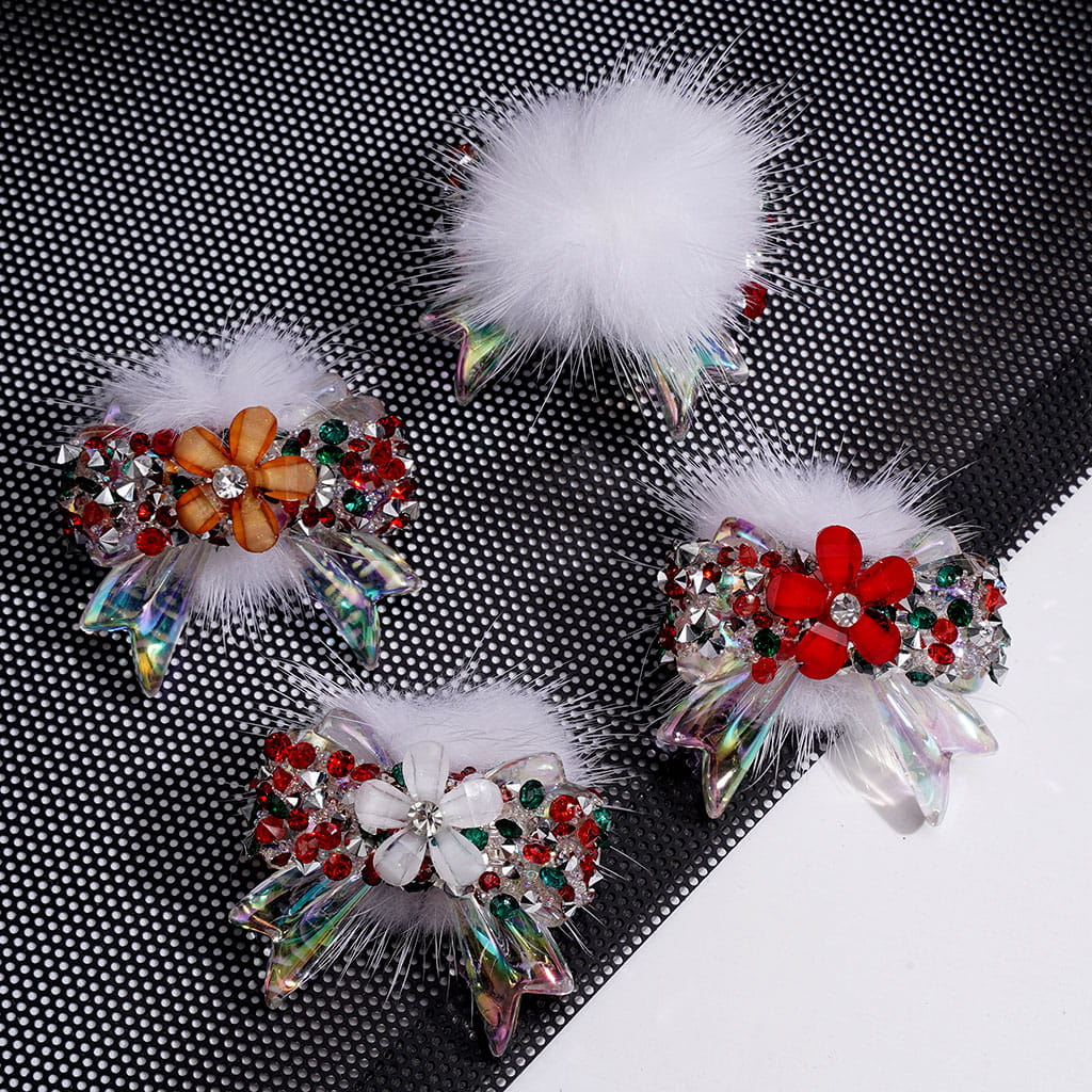 Handmade Bow Acrylic Beads w Flower &  White Fluff, w Christmas Red Green Rhinestones on Sugar Wrap Tape