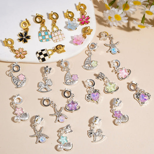 Silver & Gold Cute Starfish, Shell, Sailboat & Flower Theme Alloy Bail Beads with Butterfly Series, Jewelry Accessories, Random Mix