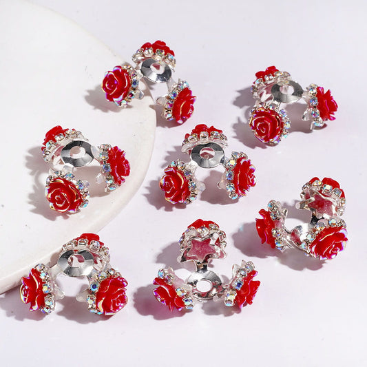UV-Coated Red Rose & AB Rhinestone Crown Metal Alloy Bead Cap Cage, Silver Color, (They Fit 14MM Beads)