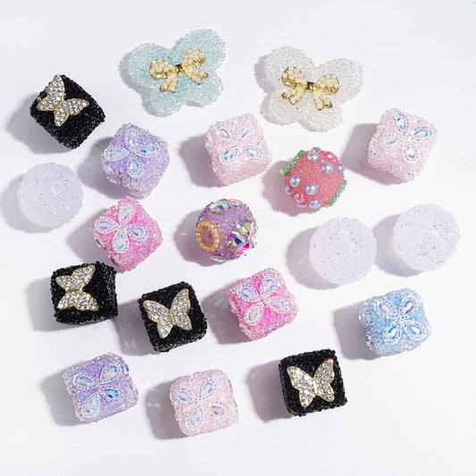 Elegant Butterfly with Sparkling Rhinestones, Metal Butterflies & White Pearl Accents, Square & Round Shapes Sugar Beads, Random Mix