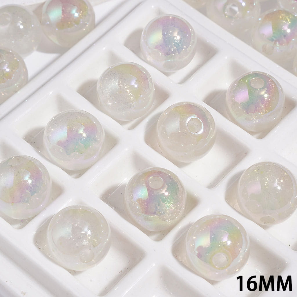 16MM - Acrylic Beads for Bracelets with Gold Glitter, UV Finish, Semi-Clear Milk White