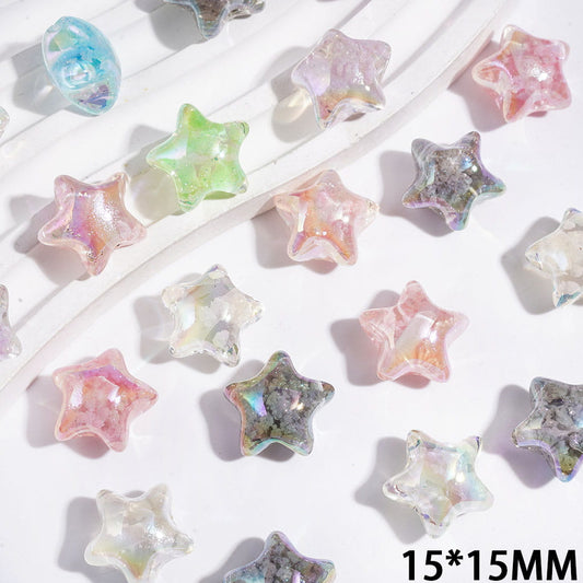UV-Finish Abstract Cloud Design Star Shaped Semi-Clear Acrylic Beads, 15*15MM, Multicolor, Random Mix