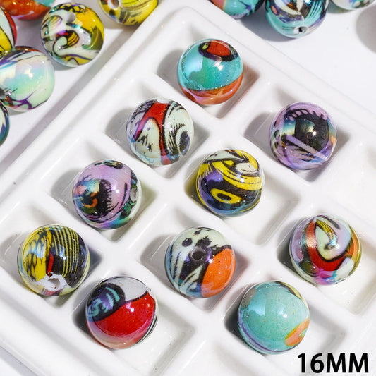 UV-Coated Artistic Abstract Pattern Round Acrylic Beads for Bracelets, 16MM, Random Mix