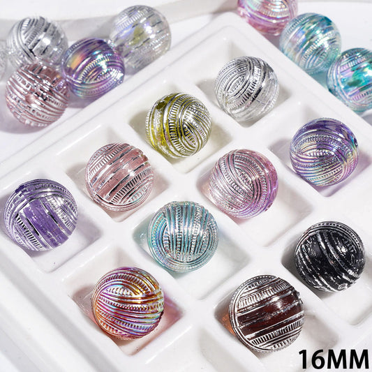 UV-Finish Elegant Silver Traditional Stripe Texture Round Acrylic Beads for Bracelets, 16MM, Multicolor, Random Mix