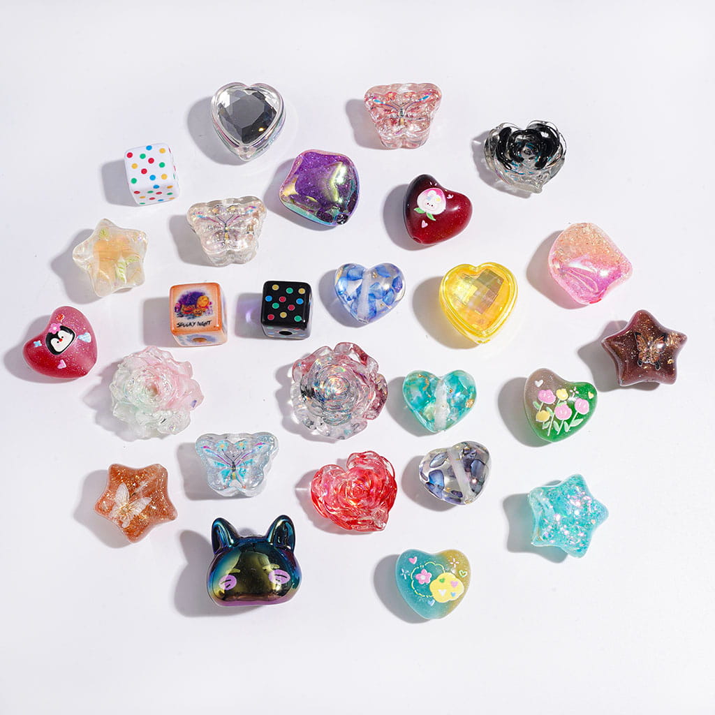 Adorable Heart, Cube, Square, Butterfly & Star Designs Acrylic Beads, Assorted Shapes, Random Mix