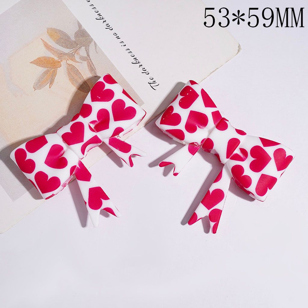 Silicone Focal Beads Soft Bowtie with Rose Red Hearts Print, 53*59MM