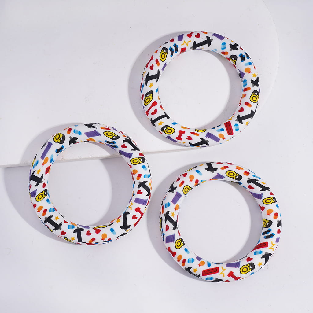 Soft Round Ring with Sports Gym Equipment Prints, Silicone Focal Beads 65MM