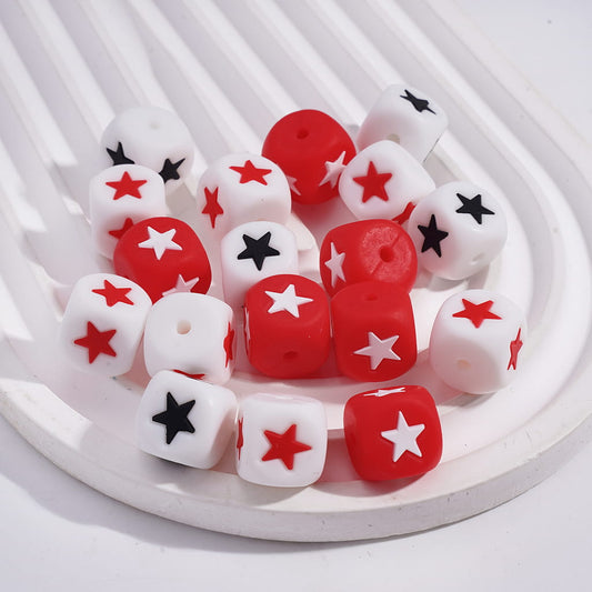 Assorted Colors Five Pointed Star Prints, Cube Square Shape Silicone Focal Beads 12MM, Random Mix