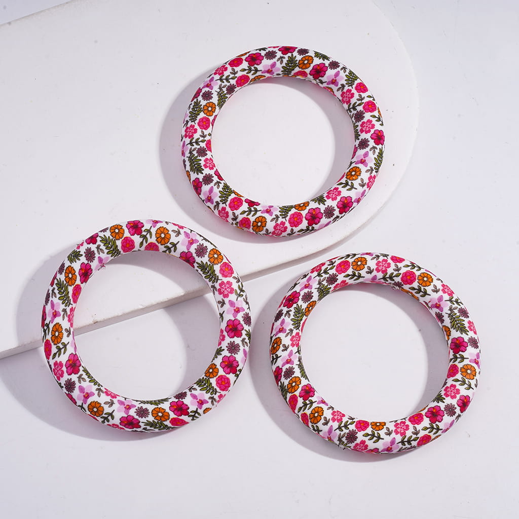 Soft Round Ring Silicone Focal Beads with Bright Colorful Flowers & Green Leaf Prints 65MM