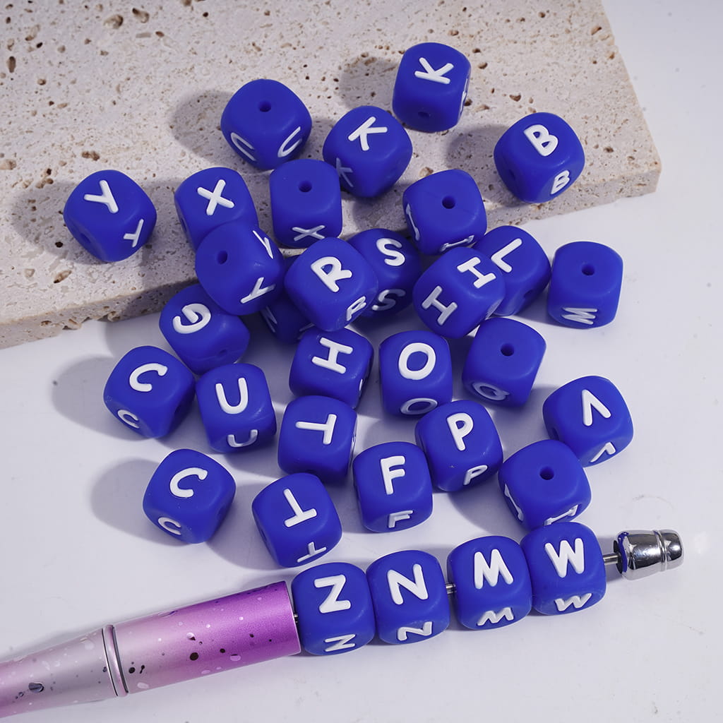 Alphabet All Letters Dark Blue Color Cube Square Shape Silicone Letter Beads 12MM