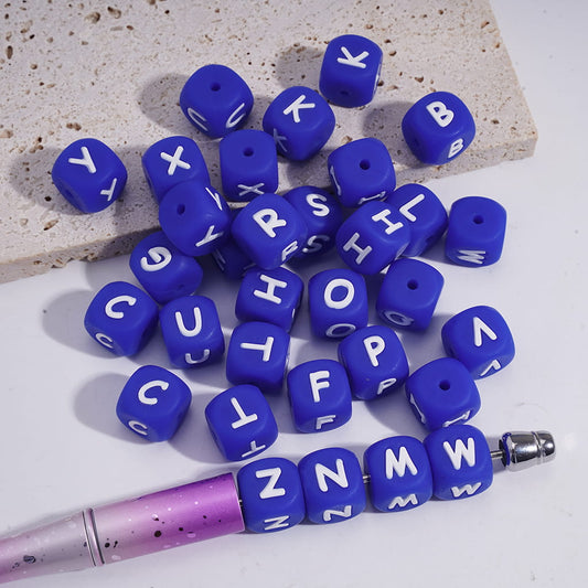 Alphabet All Letters Dark Blue Color Cube Square Shape Silicone Letter Beads 12MM