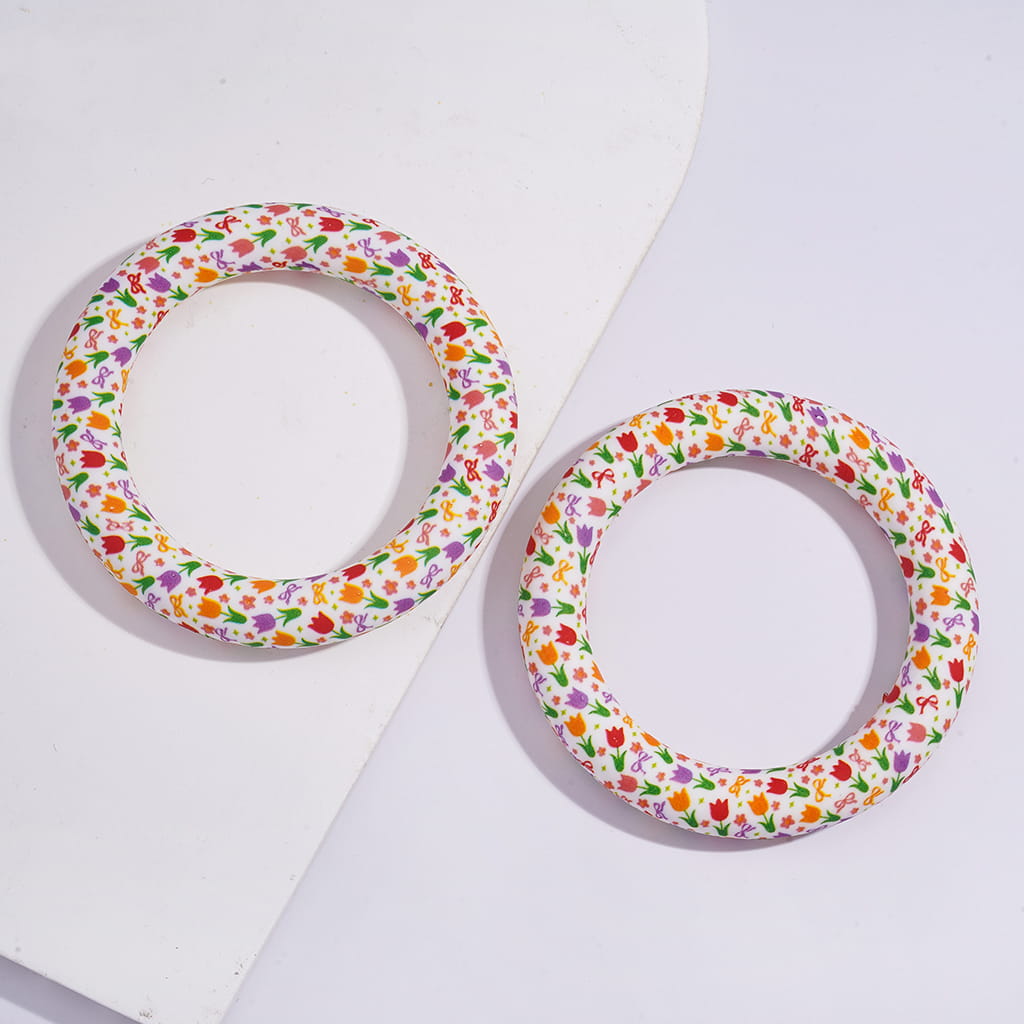 Bowknot and Tulip Flower Prints on Soft Round Ring 65MM Silicone Focal Beads