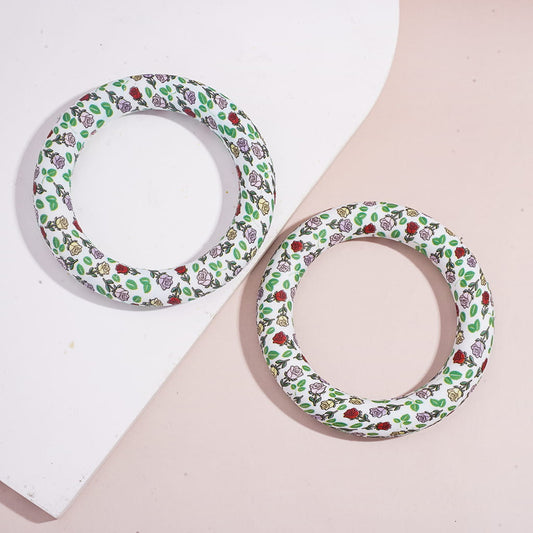 Green Leaves and Rose Flowers Designs Prints on Soft Round Ring Silicone Focal Beads 65MM