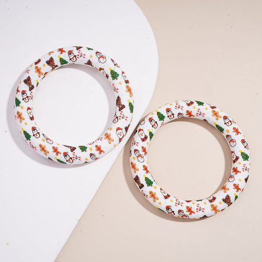 Silicone Focal Beads Soft Round Ring with Christmas Tree Santa Claus Snowman Gingerbread Candy Cane Deer Penguin Prints, 65MM