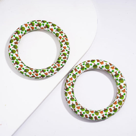 Nature Theme Print w Tree, Grass & Flower Pot Design, Round Ring Shape Silicone Focal Beads, 65MM, Assorted Style, Random Mix