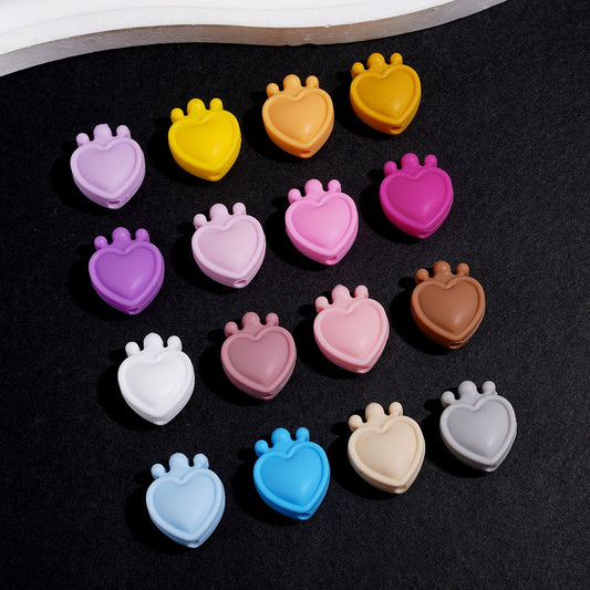 Mini Heart-Shaped Silicone Focal Beads with Crown Design, 14*17MM, Multi-Color Random Mix