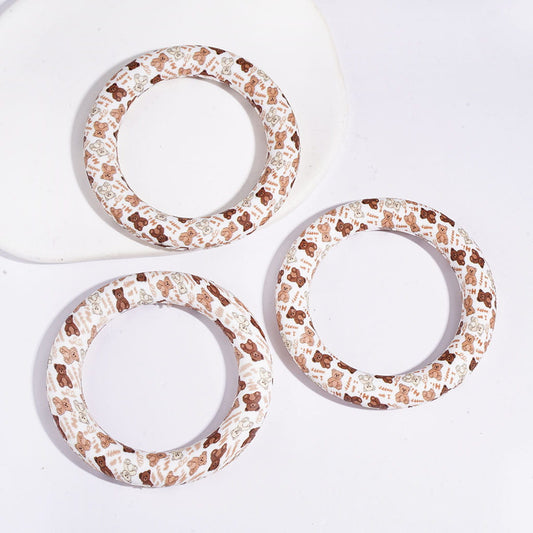 Cute Teddy Bear Printed Soft Silicone Ring Frame Beads For Car Hanger Charm DIY Accessories, 65MM