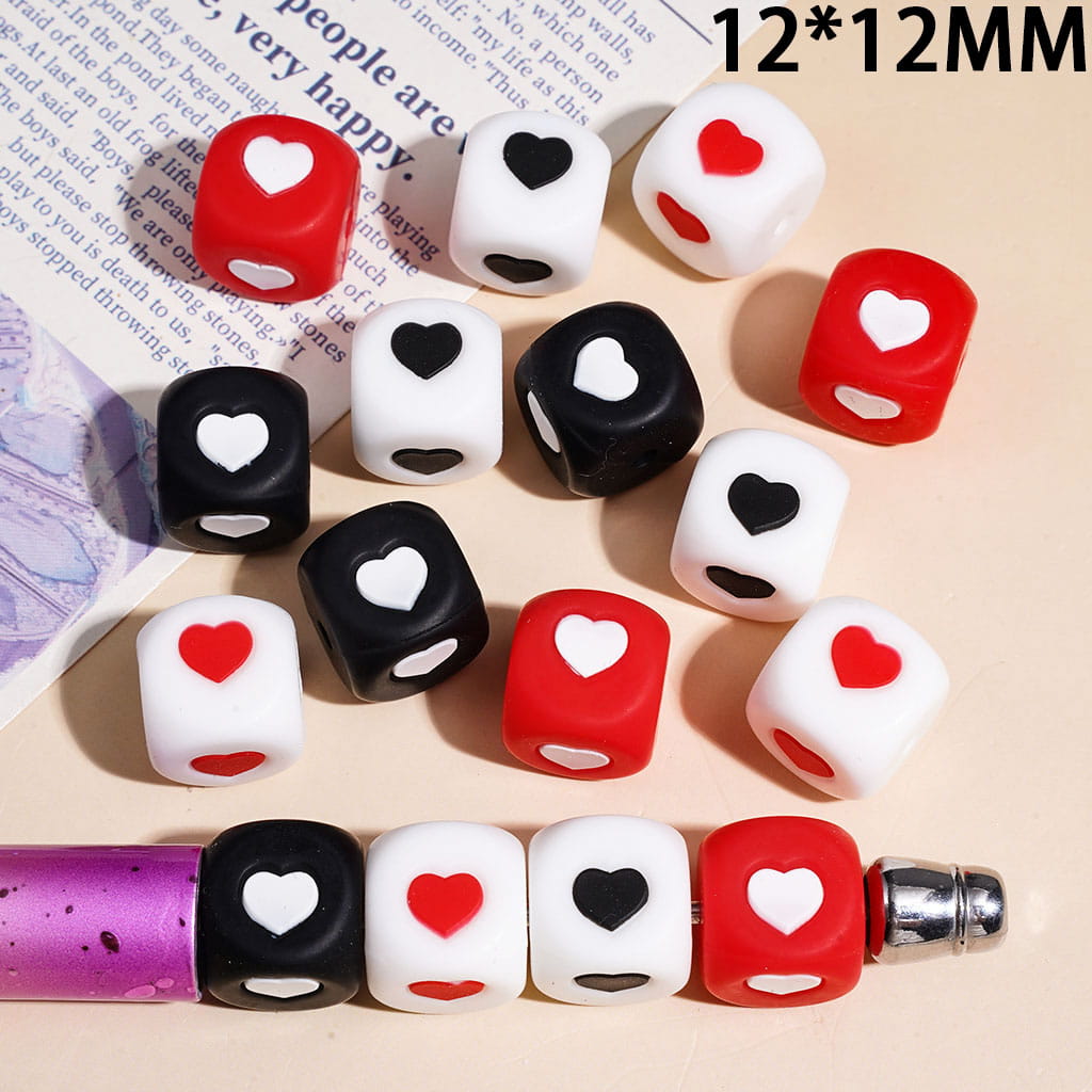 Silicone Focal Beads with Heart Printed Cube Square Shape, 12*12MM  Multi-Color Random Mix
