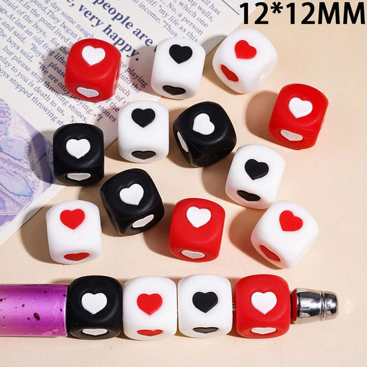 Black & White Red Heart Printed Cube Square Shape Silicone Focal Beads 12*12MM Multi-Color Random Mix