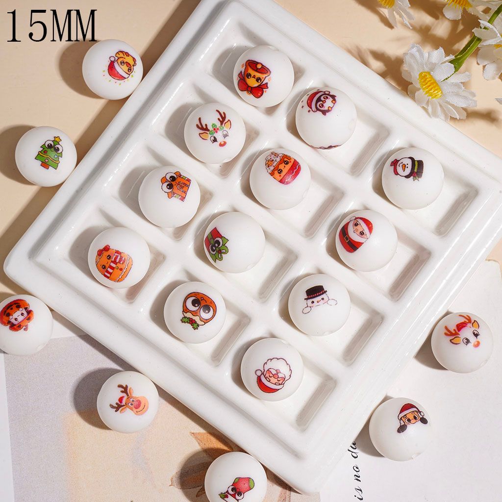 Joyful Christmas Theme Series Printed Round Silicone Focal Beads, 15MM, Random Mix