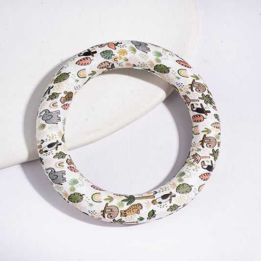 Adorable Wild Animal Elephant, Monkey, Flamingo & Leopard Designs Print Round Silicone Ring Frame, Car Hanger Charm Loop, 65MM