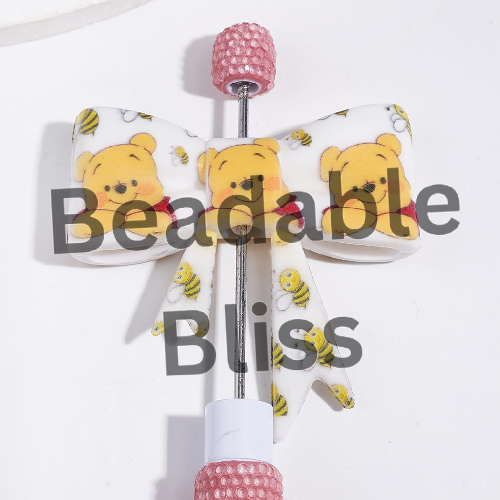 UV-Printed Silicone Focal Beads Soft Bowtie with Bear and Bee, 53*59MM