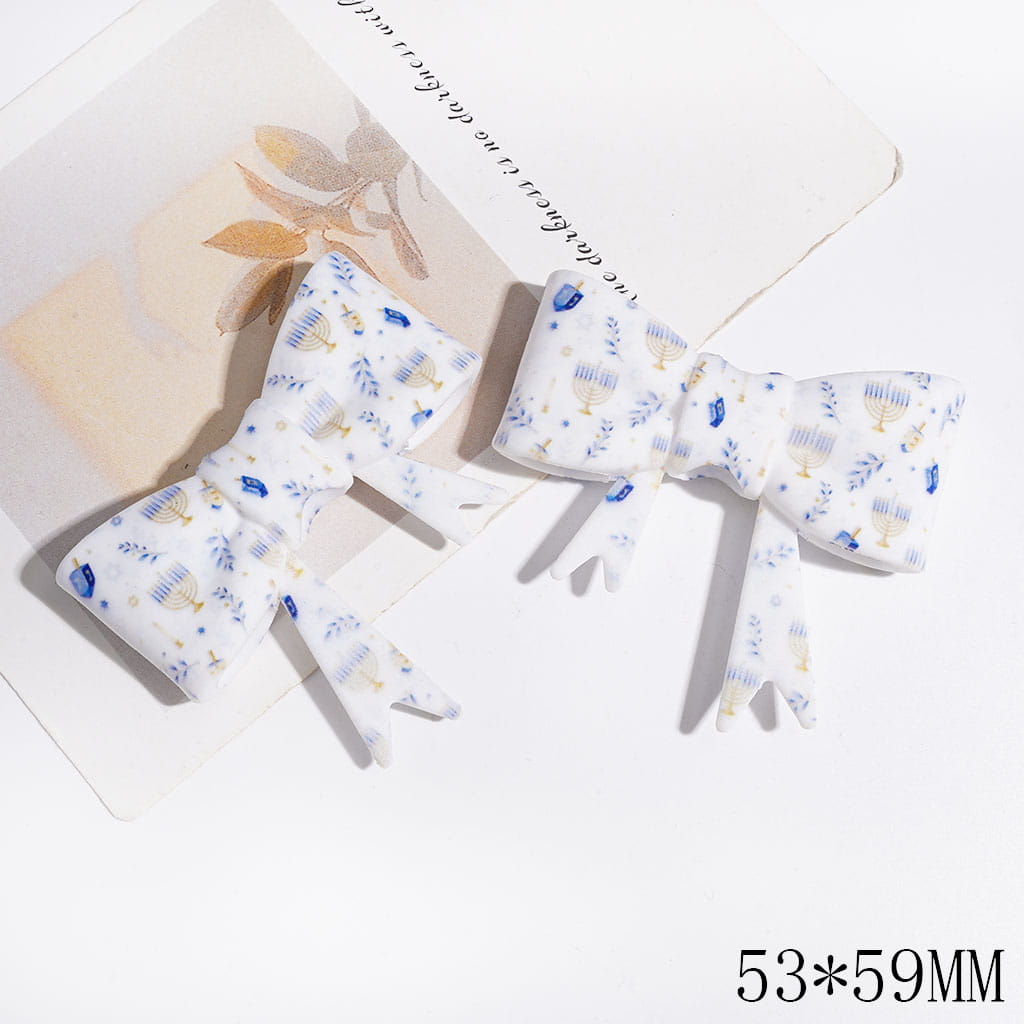 UV Printed Bowtie with Blue Nine-Branched Candelabrum & Leaves Patterns Silicone Focal Beads, Chanukah Style, 53*59MM