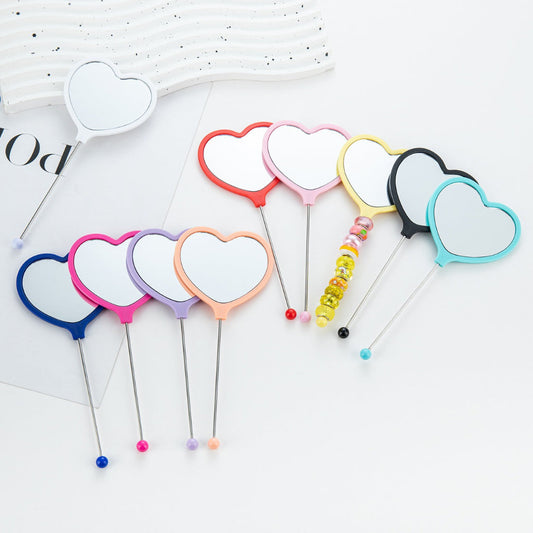 DIY Beadable Heart-Shaped Handheld Makeup Mirror in Solid Color, 162MM Long"