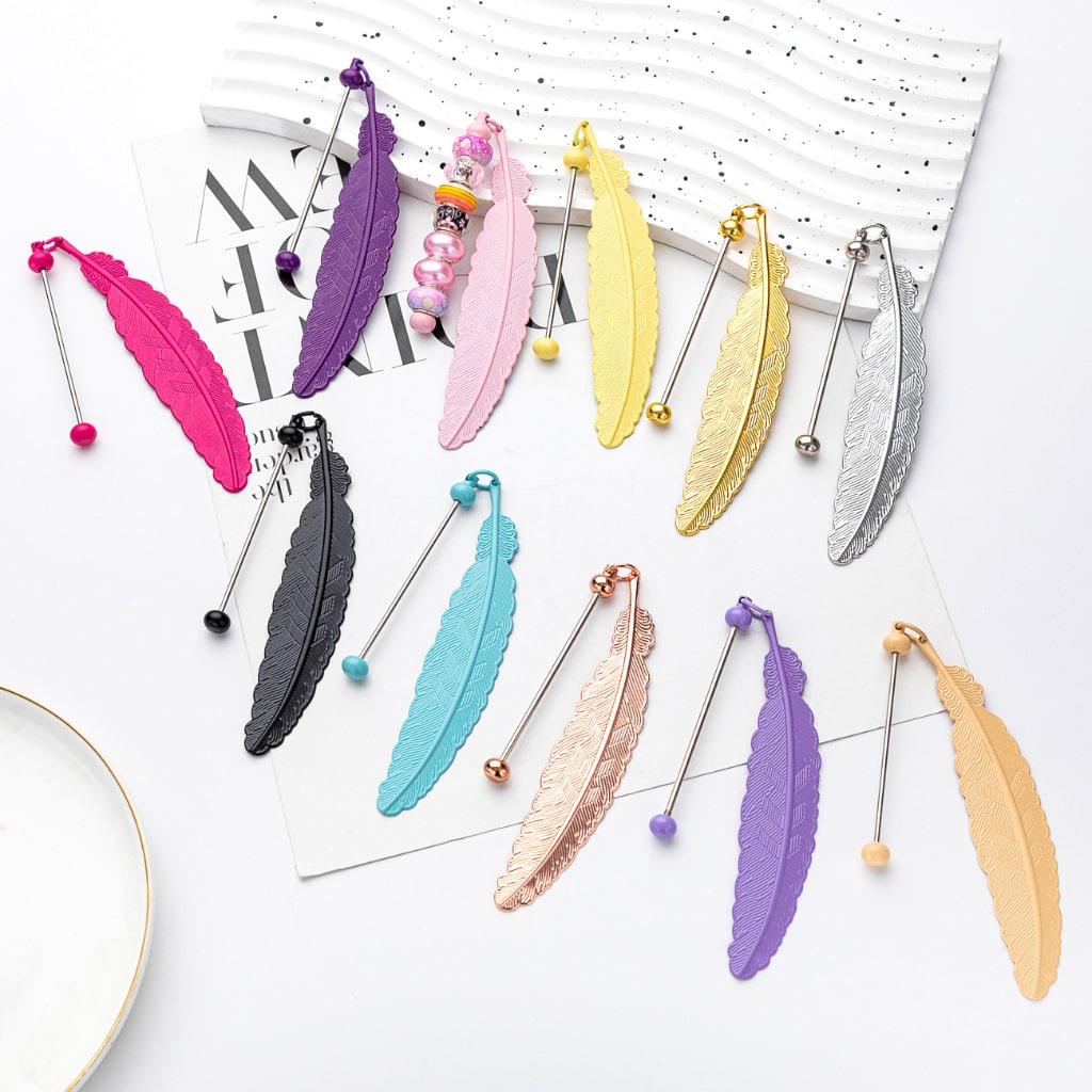 Beadable Bookmark Bulk Beaded Book Mark Feather Shaped Metal DIY Random Mix