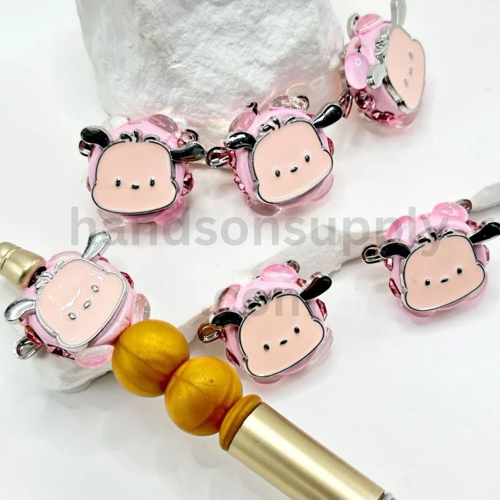 Delicate Chic Pochacc Head in Black Shiny White & Pink with Rhinestones Oval Pearls Clay Beads, Around 26*20MM