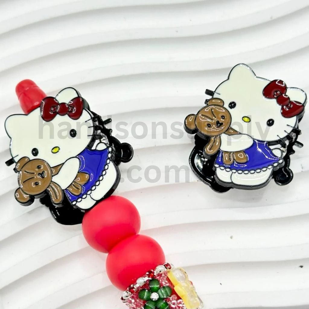 Adorable Exquisite Alloy HK Kitten in Red Bowknot Holding Teddy with Clear Rhinestones Oval Pearls Clay Beads, Around 36*30MM