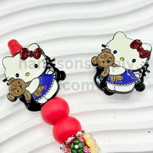 Adorable Exquisite Alloy HK Kitten in Red Bowknot Holding Teddy with Clear Rhinestones Oval Pearls Clay Beads, Around 36*30MM
