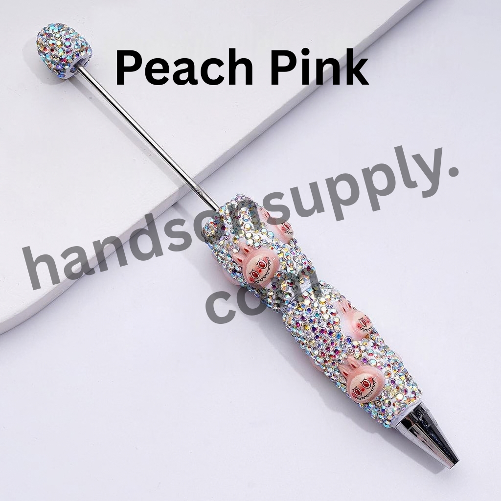 Designer White Beadable Clay Pens with Cute Monster Doll Heads and Full AB Rhinestone Coverage