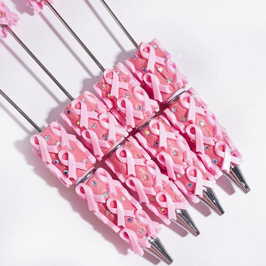 Pink Awareness Ribbon Design with Sparkling AB Rhinestones Beadable Clay Pens