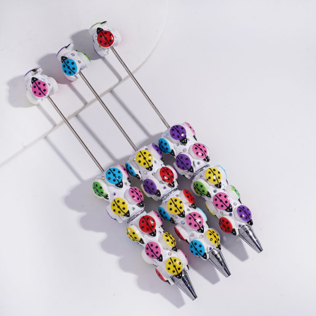 Cute Ladybug Design with AB Rhinestones, Multi-Color Beadable Clay Pens