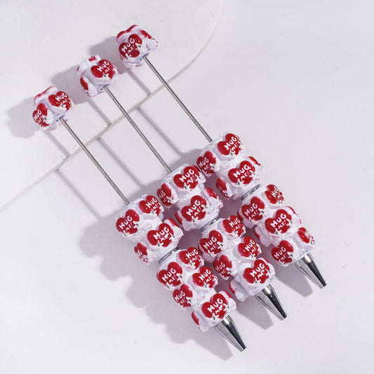 3D Heart Design with Text “Hug Me” Red with Half Shell & White Pearls on Beadable Clay Pens